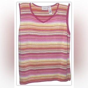 Liz Claiborne Woman Striped Knit Tank Top 2X Pink Yellow White Orange V-Neck
